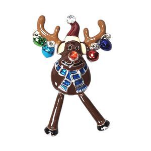 Enamel Rudolph Reindeer Holiday Brooch Pin Movable Legs Jingle Bell Antlers